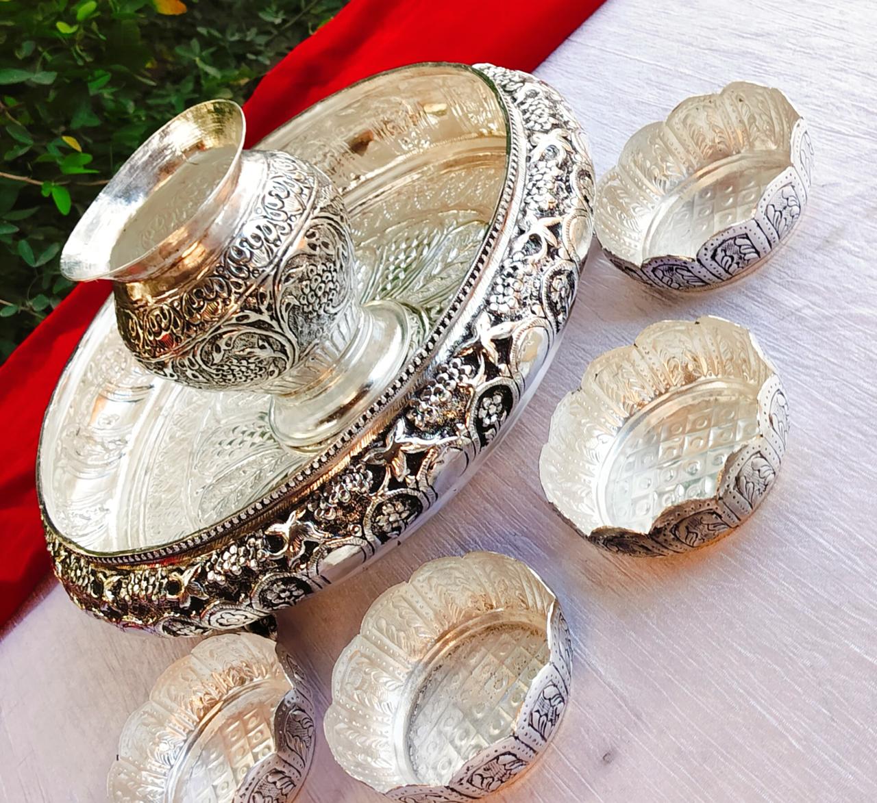 German Silver Pooja thali Set Combo of 6 Pieces Set